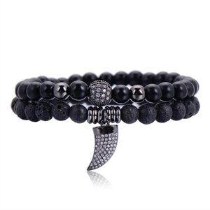 NWT Men’s Black Beaded Bracelet Set – Lava Rock & Crystal Claw Charm